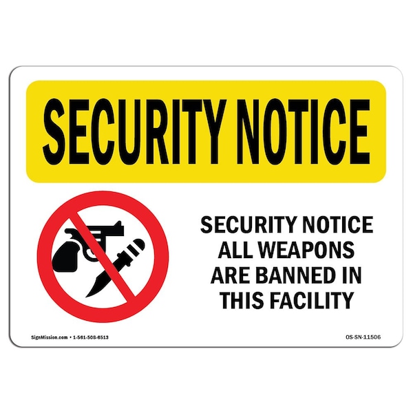 OSHA Security Sign, 3.5" Height, 5" Width, All Weapons Are Banned, Landscape, 10PK